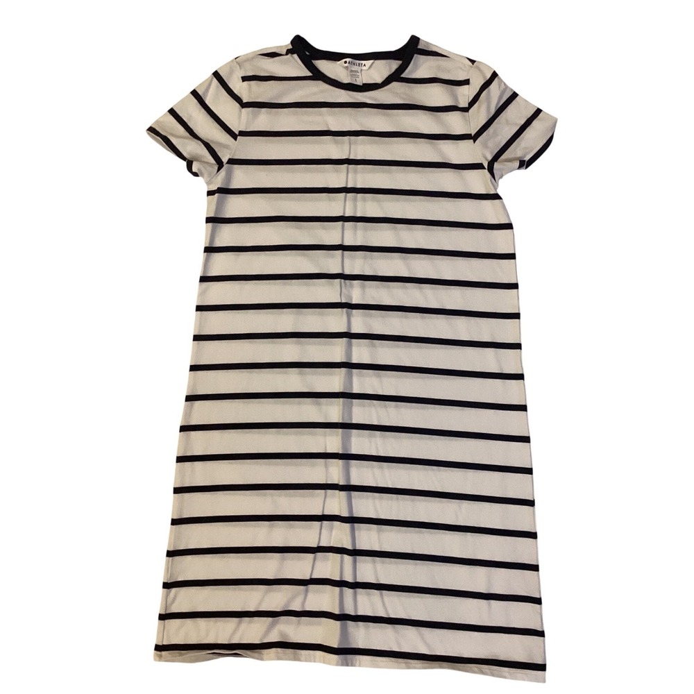 Athleta Womens Striped T-Shirt Dress White Navy Blue Short Sleeve Mini‎ Size S